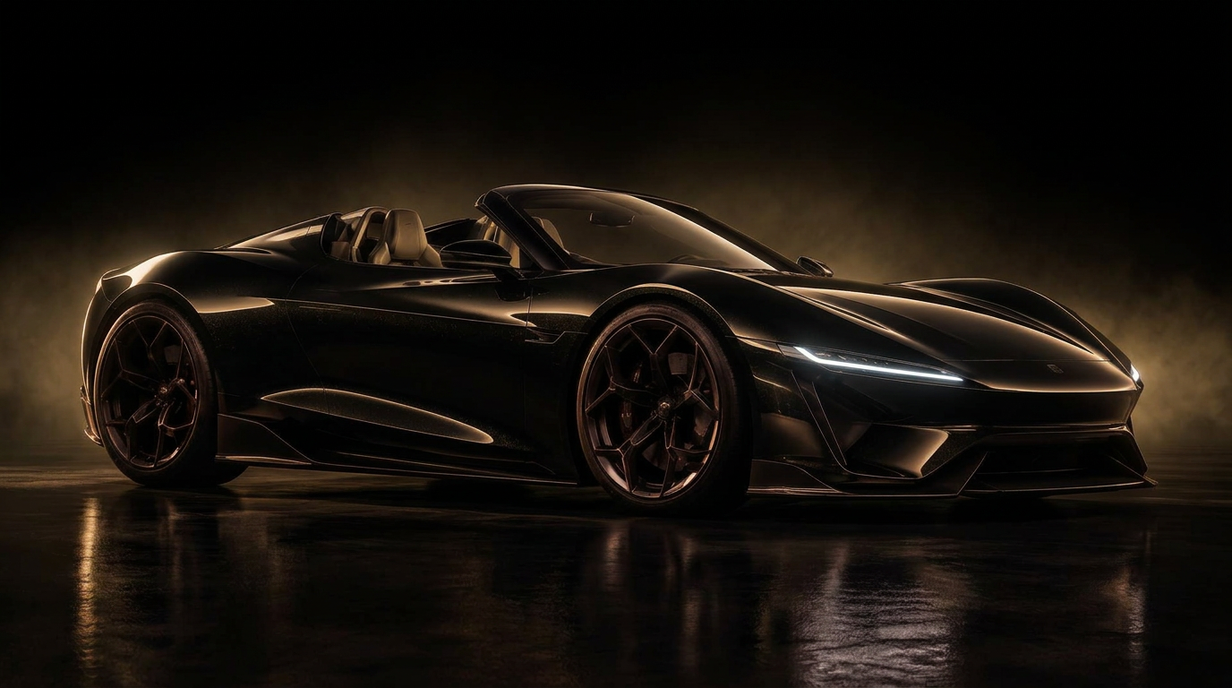 Roadster electric supercar in red under cinematic lighting